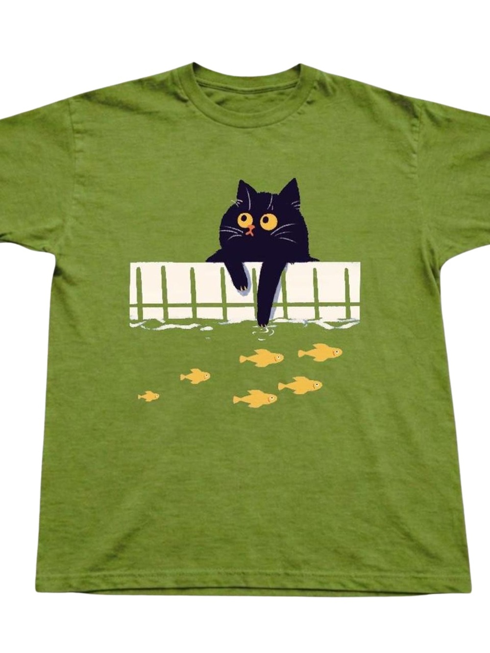 Gildan Olive Green Tee with Black Cat & Yellow Fish Graphic, Gift For Her, Him